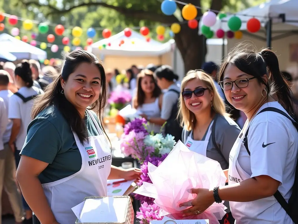 A group of volunteers of various ages and backgrounds working together at a COMPAGNIE SIBYLLINE event, setting up decorations and assisting attendees, showcasing the spirit of community involvement.