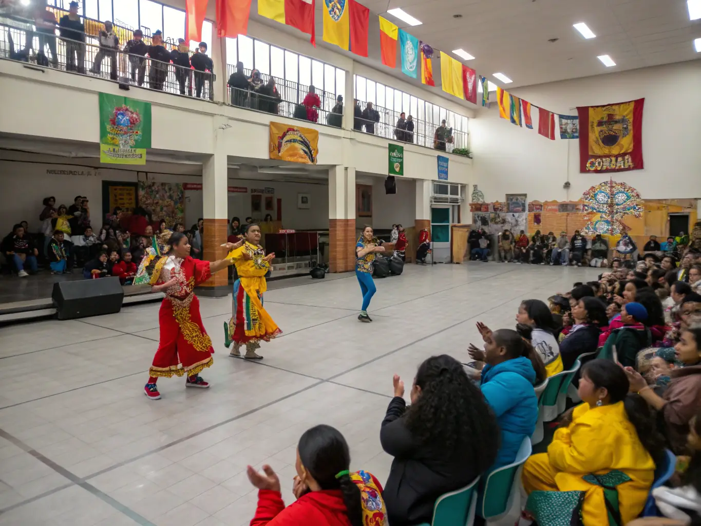 A diverse audience enjoying a performance at a COMPAGNIE SIBYLLINE event, with artists on stage and enthusiastic applause, capturing the vibrant atmosphere of our cultural activities.