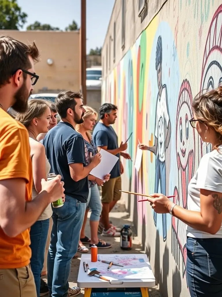 A vibrant photograph capturing children participating in a COMPAGNIE SIBYLLINE art workshop, painting colorful murals on a community wall, showcasing the organization's commitment to accessible art education.