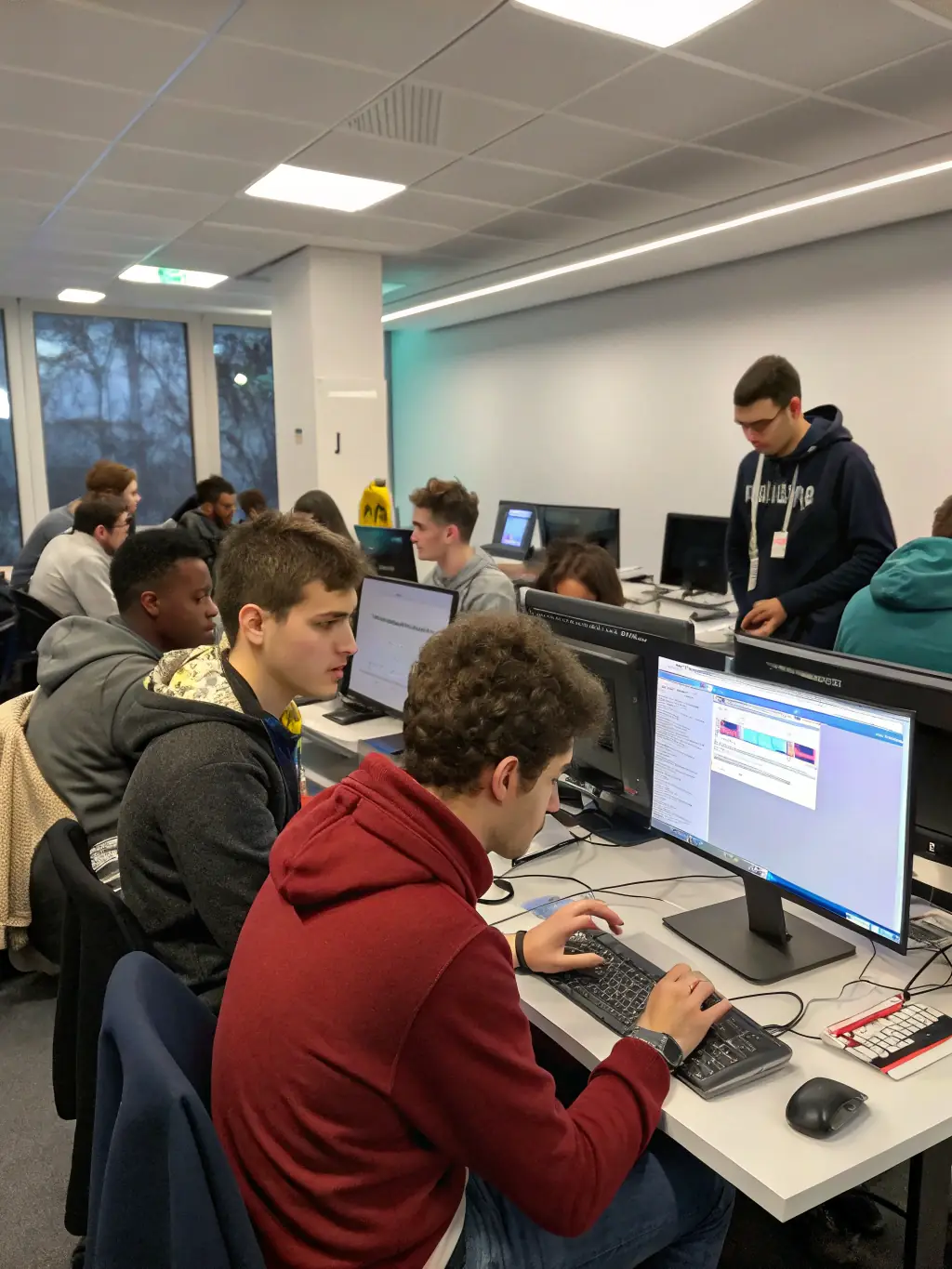 A photo of a group of young adults learning about digital art and animation techniques in a workshop setting, highlighting Compagnie Sibylline's commitment to modern artistic mediums.
