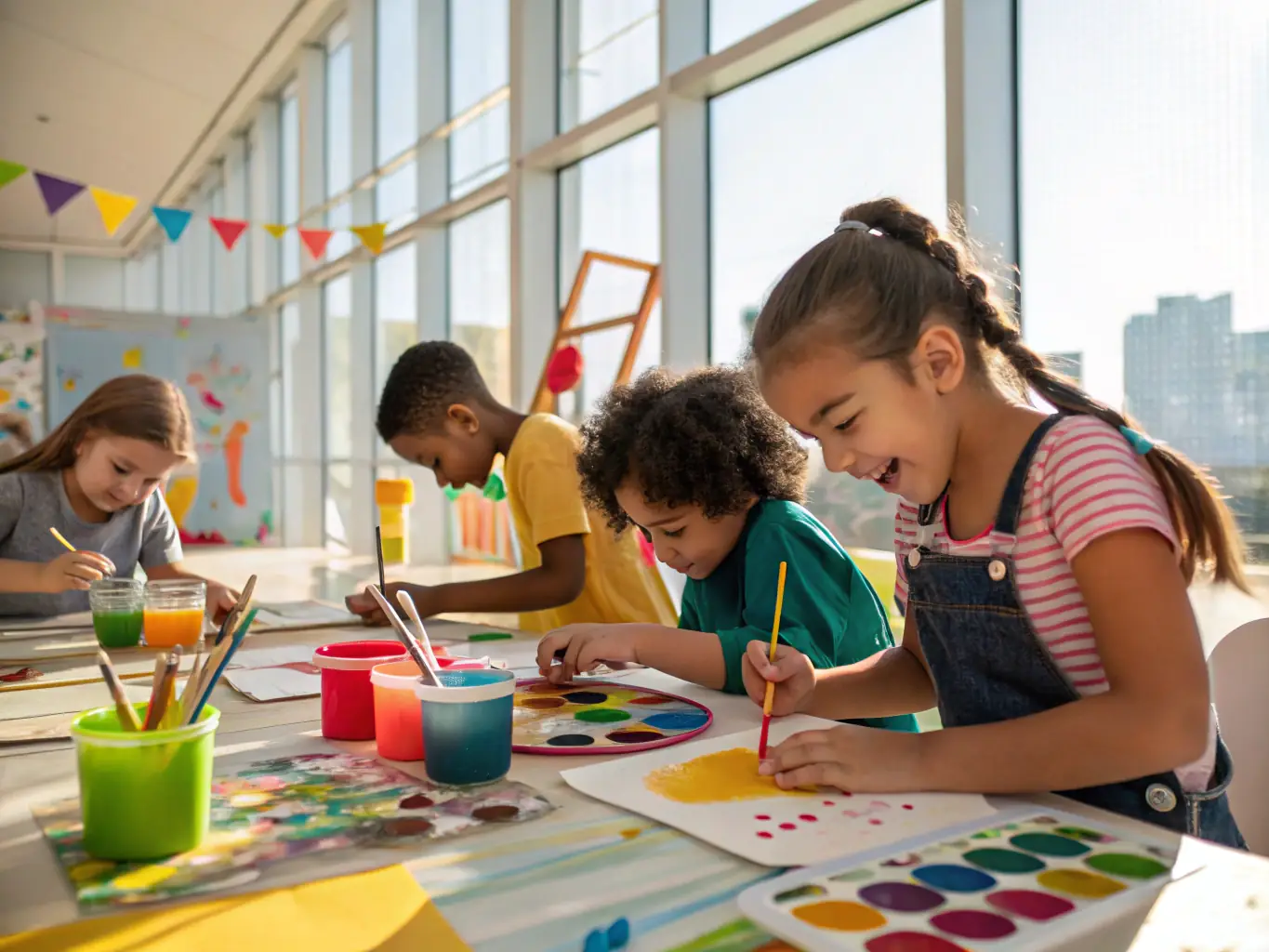 A photo of children participating in a creative arts and crafts session, smiling and working on various art projects with guidance from instructors.