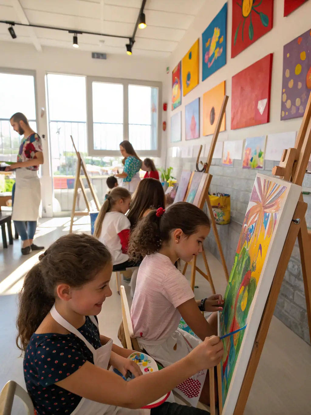 A vibrant image depicting participants of all ages engaged in a collaborative painting workshop, showcasing the inclusive nature of Compagnie Sibylline's artistic training programs.
