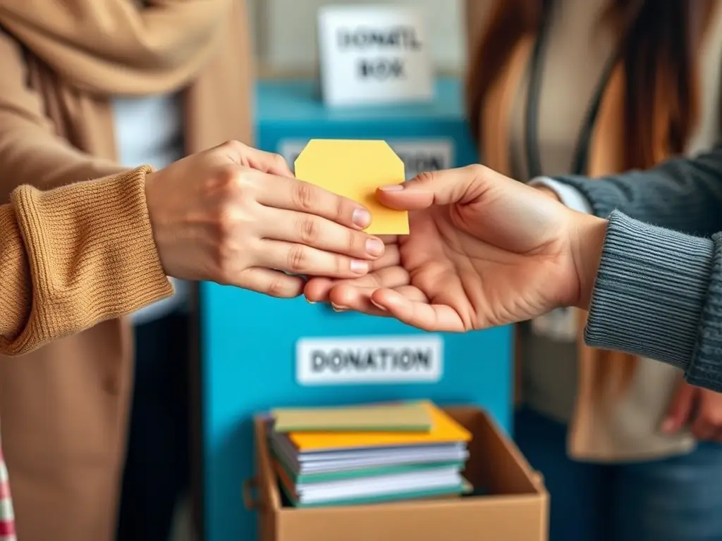 A close-up shot of hands making a donation into a collection box at a COMPAGNIE SIBYLLINE fundraising event, symbolizing the direct impact of financial contributions on the organization's mission.
