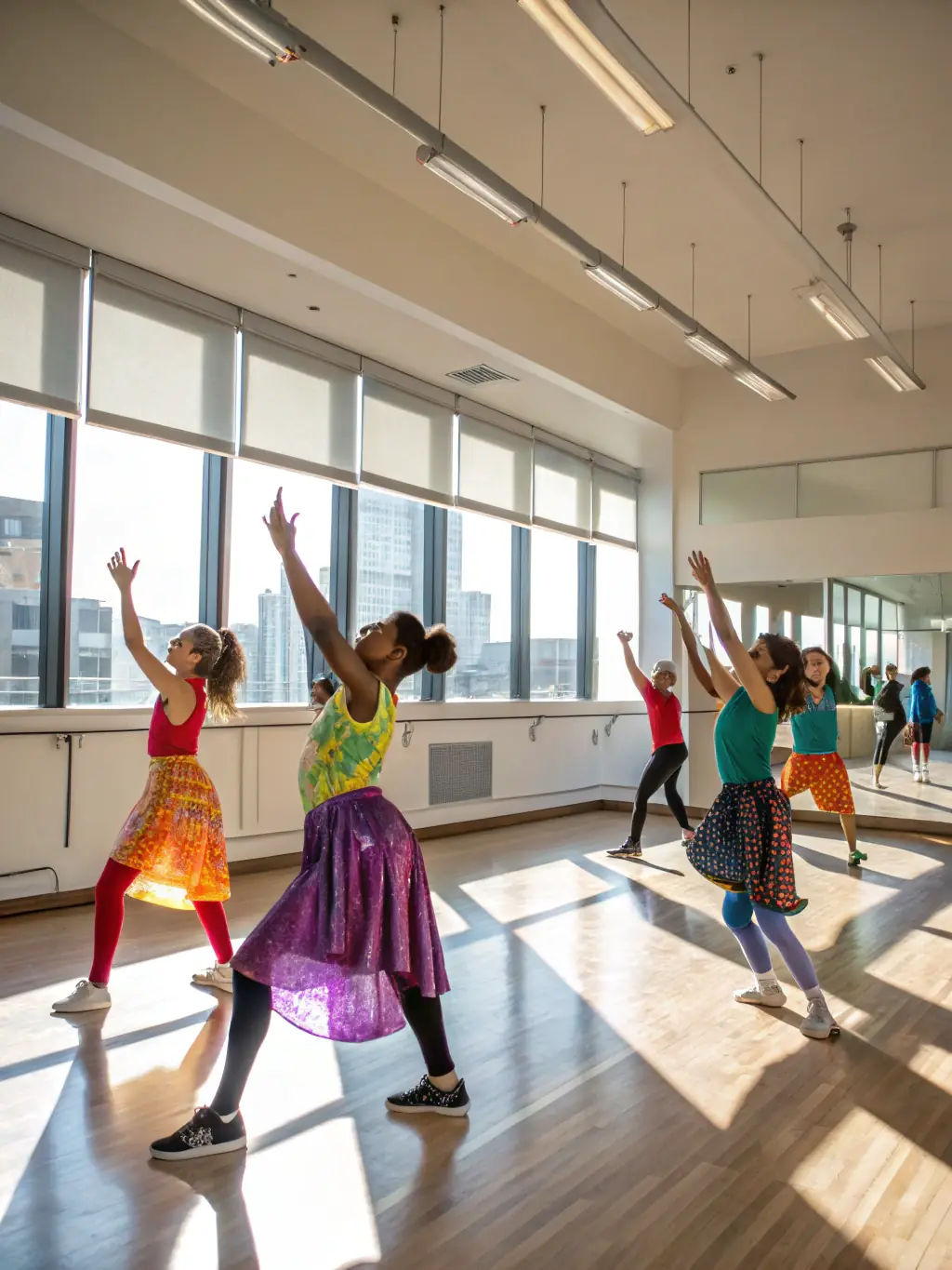 An image showing children participating in a dance and movement session, led by a professional instructor, emphasizing the joy and physical expression promoted by Compagnie Sibylline.