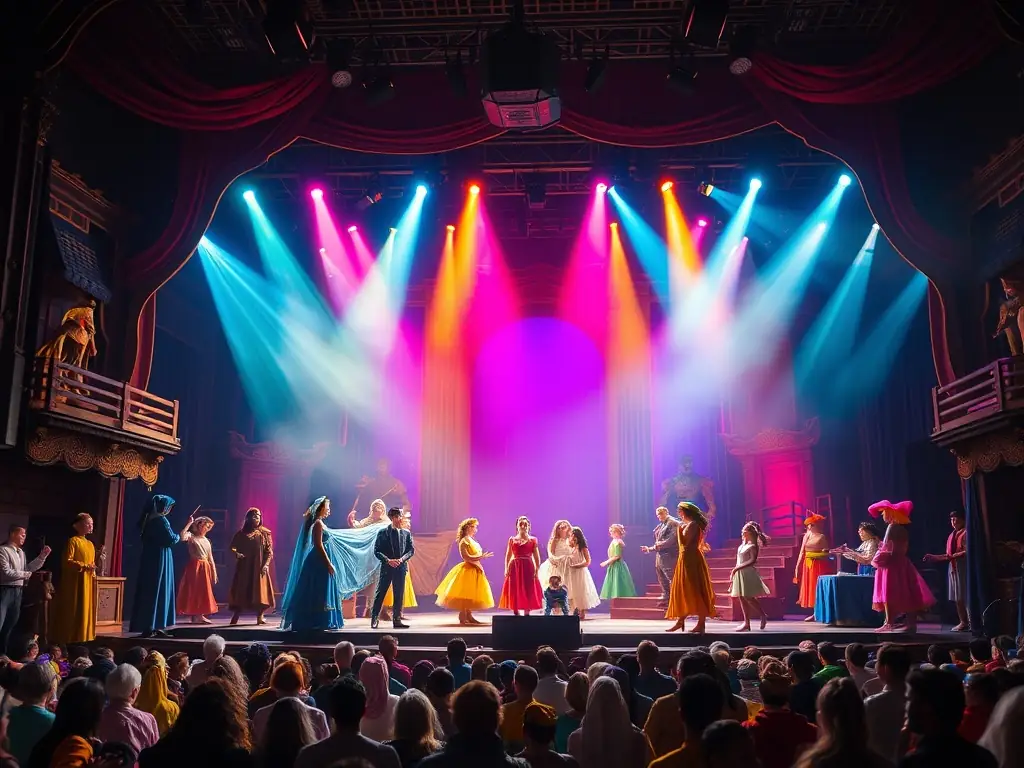 A photograph capturing a live performance by Compagnie Sibylline, showcasing actors in costume on stage with dynamic lighting and expressive movements.