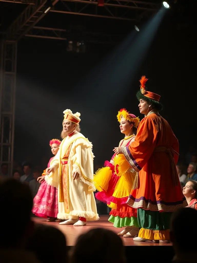A photograph capturing a live theater performance organized by Compagnie Sibylline, featuring actors in costume on stage, with an engaged audience in the background.