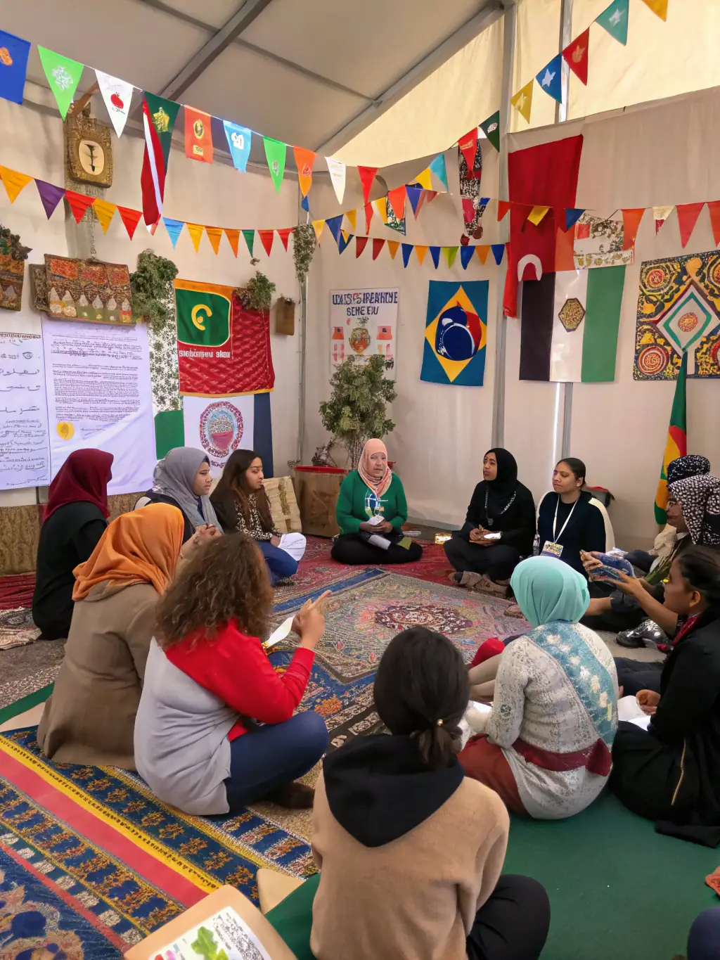 A photo of adults engaged in a COMPAGNIE SIBYLLINE cultural exchange event, showcasing the organization's efforts to foster intercultural understanding through artistic collaboration.